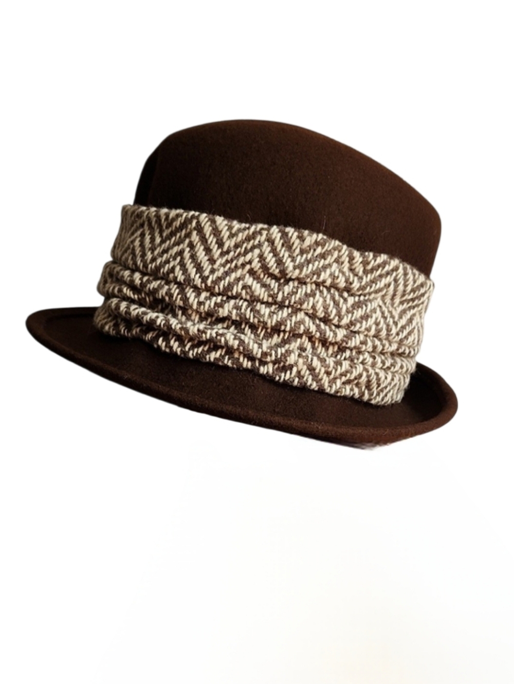DAME Made in Italy Brown Wool Felt Hat with Brown/Cream Wide Herringbone Band